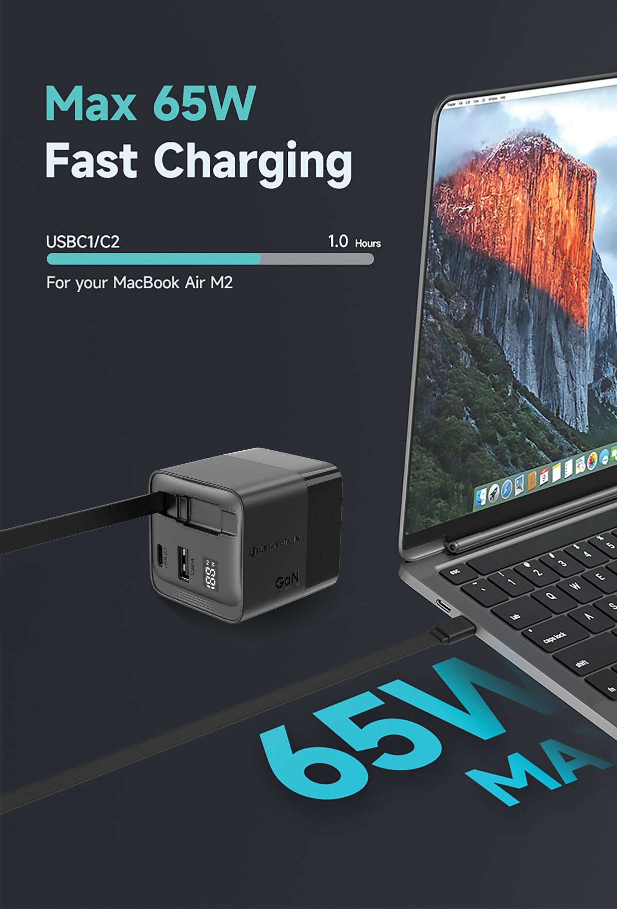 Mendocino 65W GaN charger retractable cable