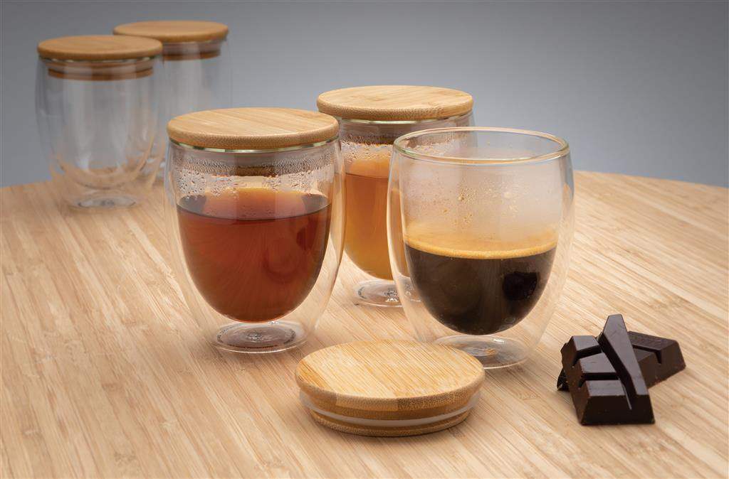 Double wall borosilicate glass with bamboo lid 250ml 2pc set - The Luxury Promotional Gifts Company Limited