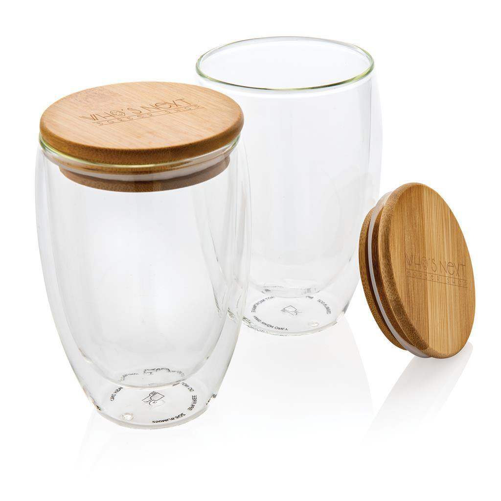 Double wall borosilicate glasses with bamboo lid 350ml 2pc Set - The Luxury Promotional Gifts Company Limited