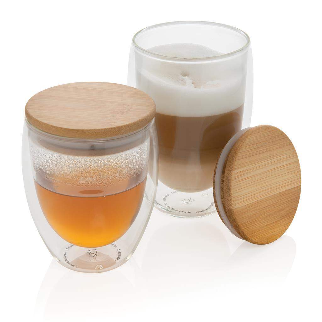 Double wall borosilicate glasses with bamboo lid 350ml 2pc Set - The Luxury Promotional Gifts Company Limited